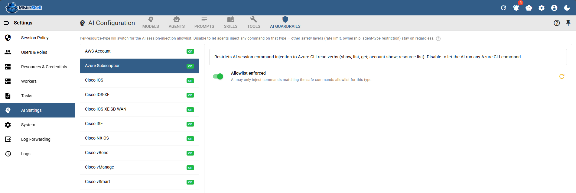 AI guardrails settings with per-resource-type allowlist enforcement