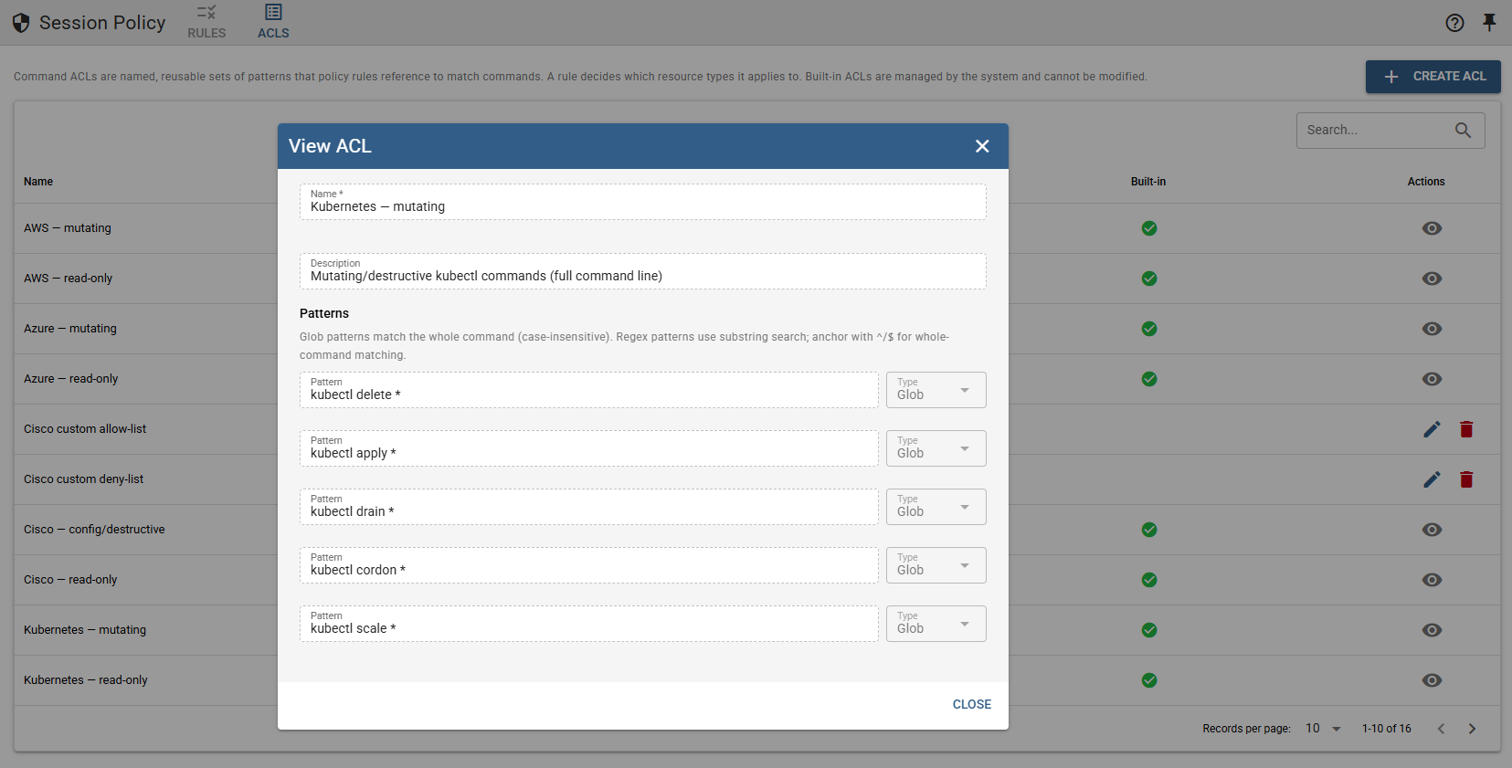 Command ACL editor with built-in and custom allow/deny sets