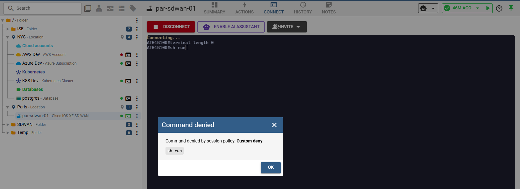Command denied by session policy in a live session