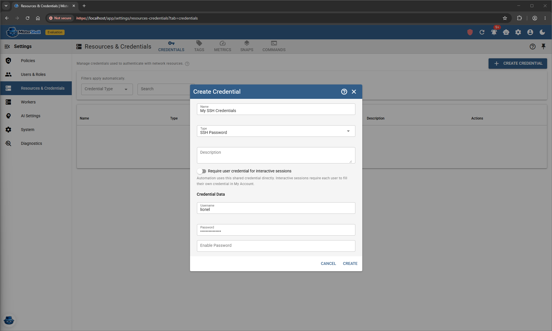 Creating an SSH credential in the encrypted vault