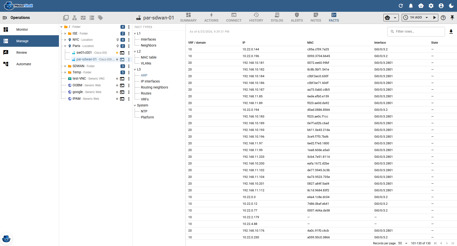 Operational facts collected per resource — interfaces, neighbours, routes — queryable across the estate