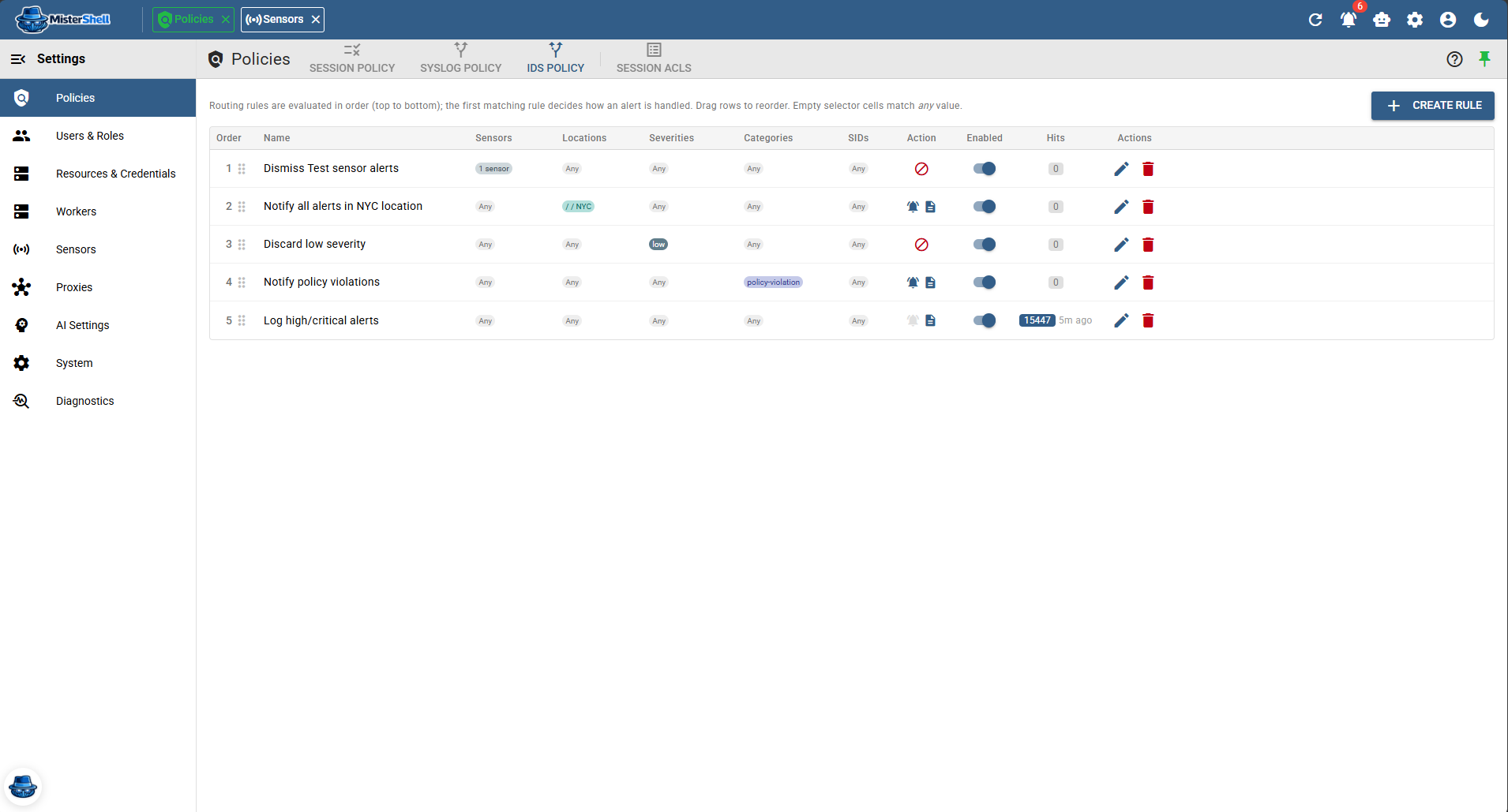 Passive IDS alert policy with suppress, notify, and log rules