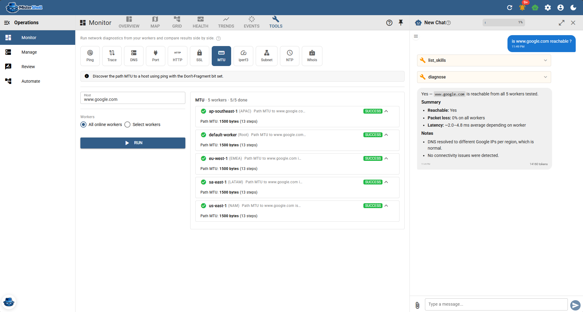 Network diagnostics run from several workers side by side with AI summary