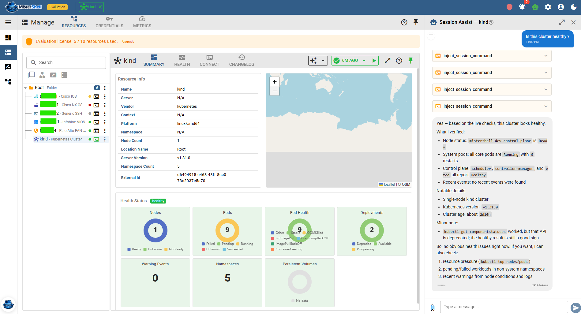 Per-metric health history for a server, with warning and critical thresholds
