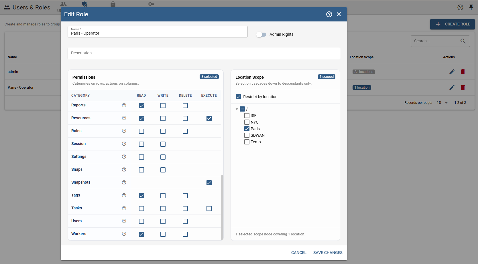 Role editor with a permission matrix and location scope