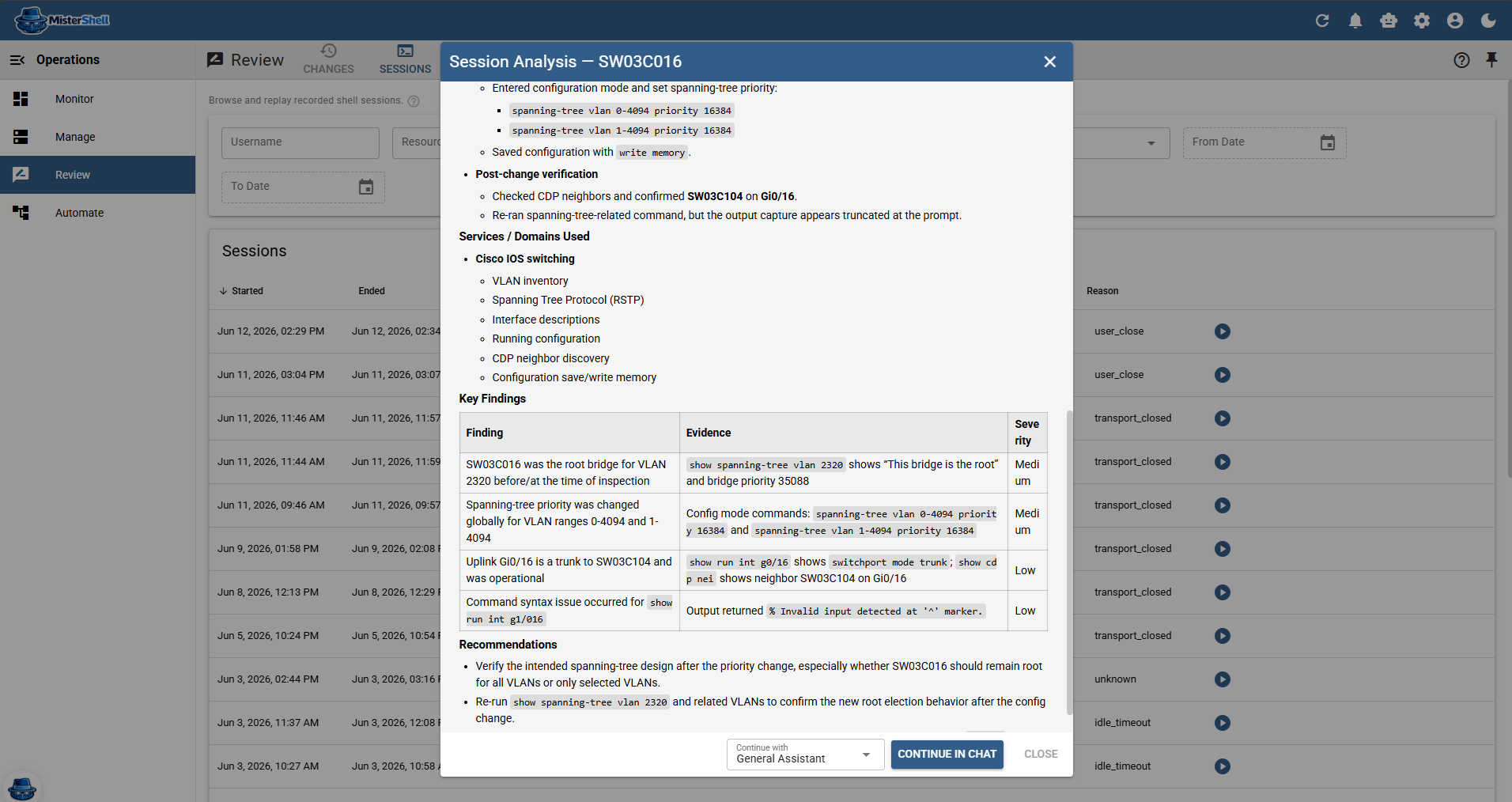 AI session analysis of a recorded SSH session to a Cisco switch, with findings, evidence, and recommendations