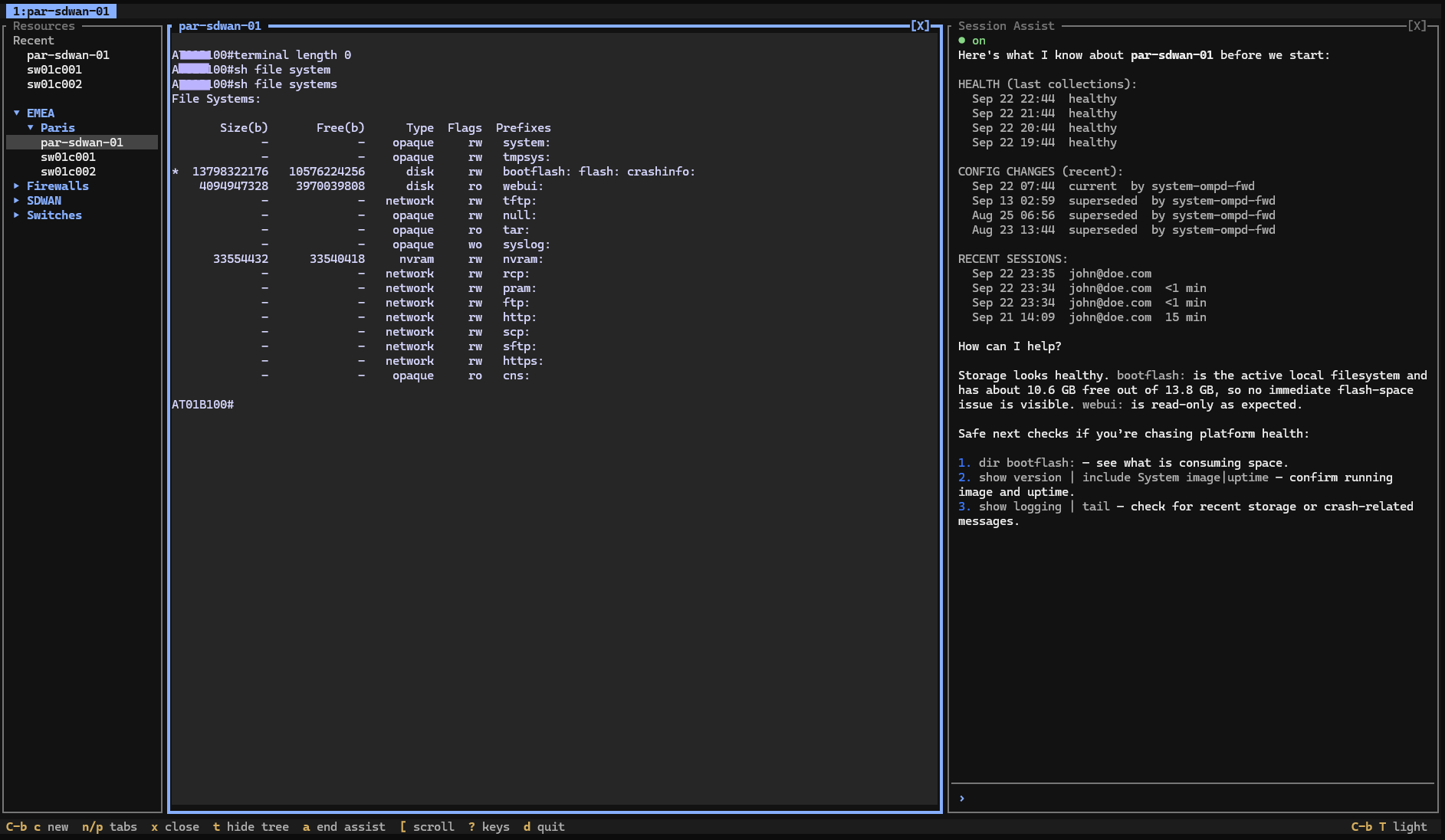 The MisterShell terminal workspace in an SSH client — resource tree, session tabs, and AI assistance alongside a live device session