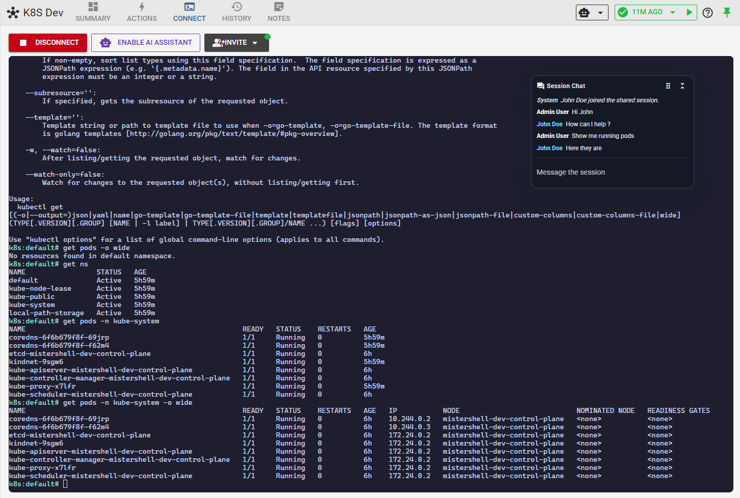 Live kubectl session shared between two users with in-session chat